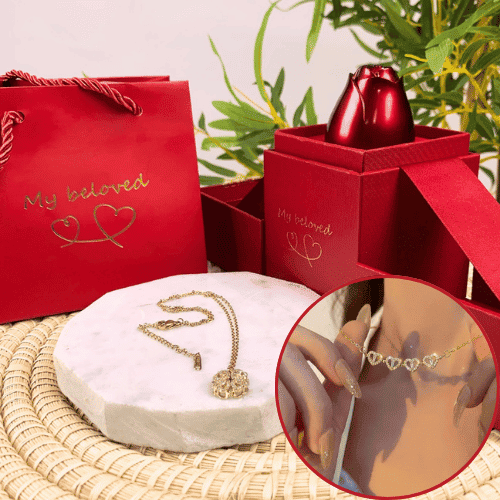 💖 Set Collar Trébol & Corazones 2 en 1 + Estuche con Rosa - Buena fortuna y Amor verdadero