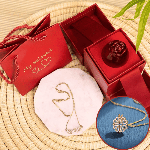 💖 Set Collar Trébol & Corazones 2 en 1 + Estuche con Rosa - Buena fortuna y Amor verdadero