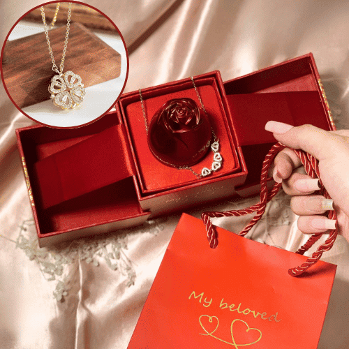 💖 Set Collar Trébol & Corazones 2 en 1 + Estuche con Rosa - Buena fortuna y Amor verdadero